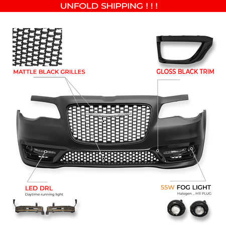 For 15-23 Chrysler 300 Sport Style Front Bumper Cover w/ Fog Lights Matte Grille