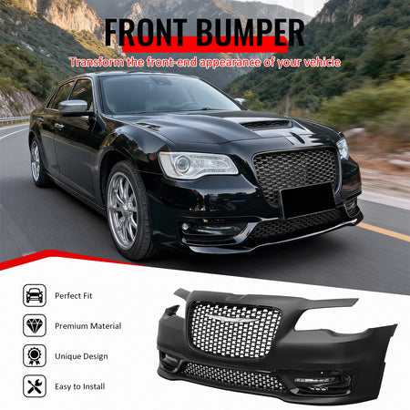 IKON MOTORSPORTS Front Bumper Cover, Compatible with 2015-2023 Chrysler 300, Sport Style Unpainted Black PP Replacement Bumper Conversion Bodykit with DRL, Fog Light and Matte Black Upper Lower Grille