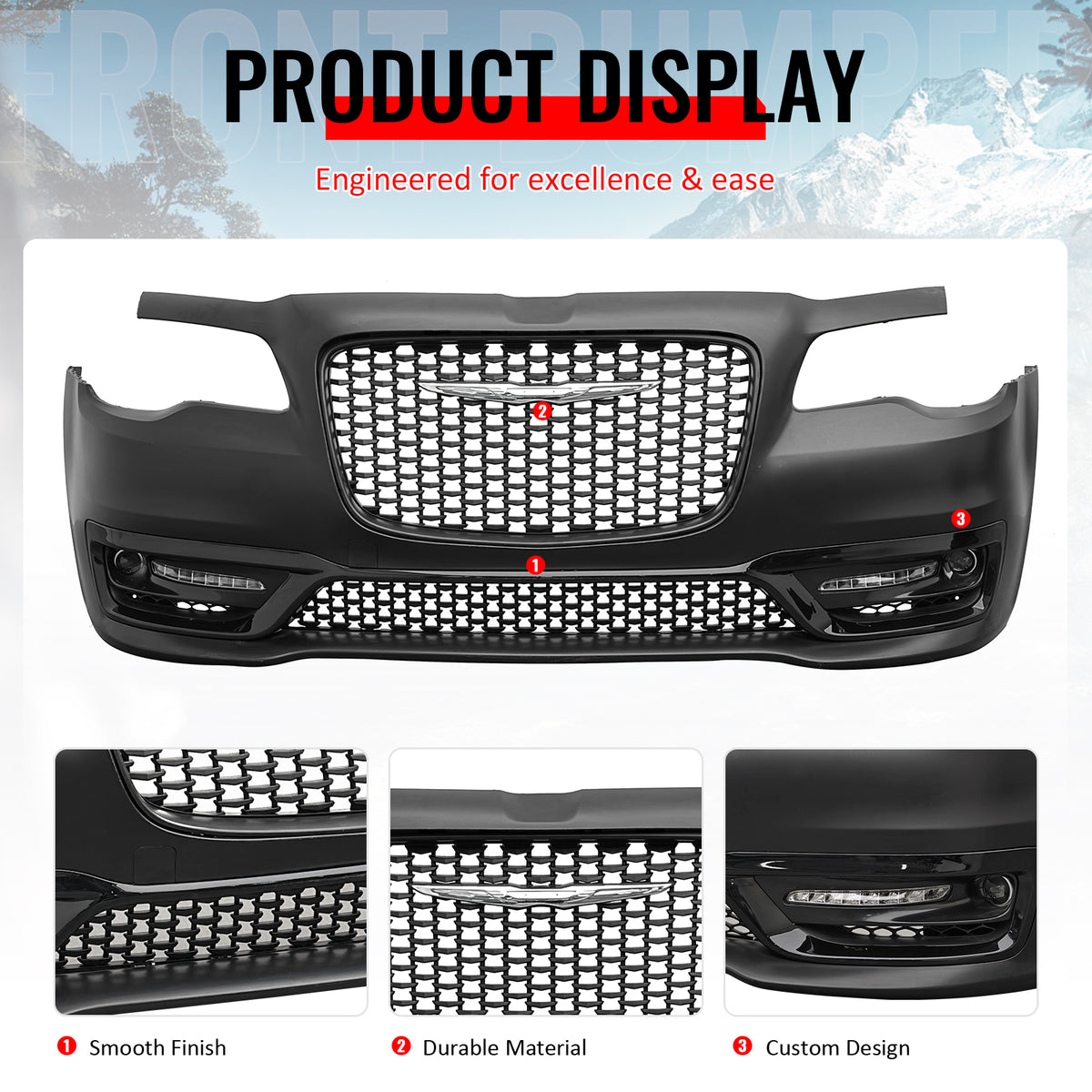 For 15-23 Chrysler 300 Sport Style Front Bumper Cover w/ Fog Lights Matte Grille