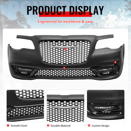 For 15-23 Chrysler 300 Sport Style Front Bumper Cover w/ Fog Lights Matte Grille