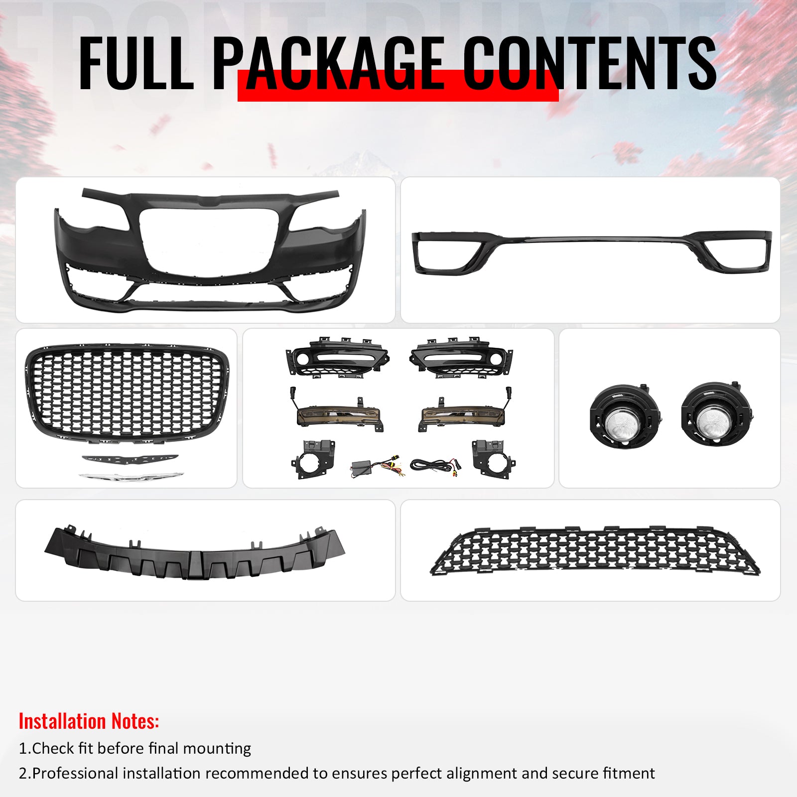 For 15-23 Chrysler 300 Sport Style Front Bumper Cover w/ Fog Lights Matte Grille