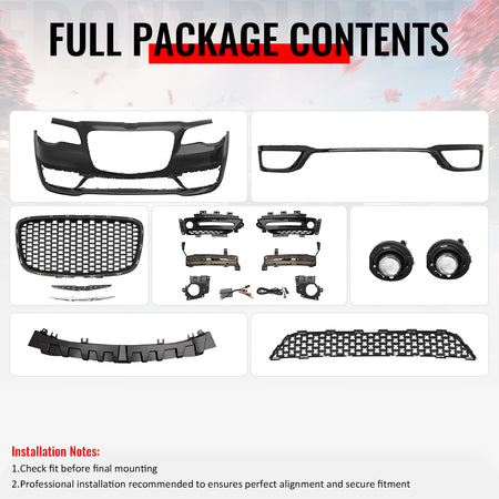 For 15-23 Chrysler 300 Sport Style Front Bumper Cover w/ Fog Lights Matte Grille