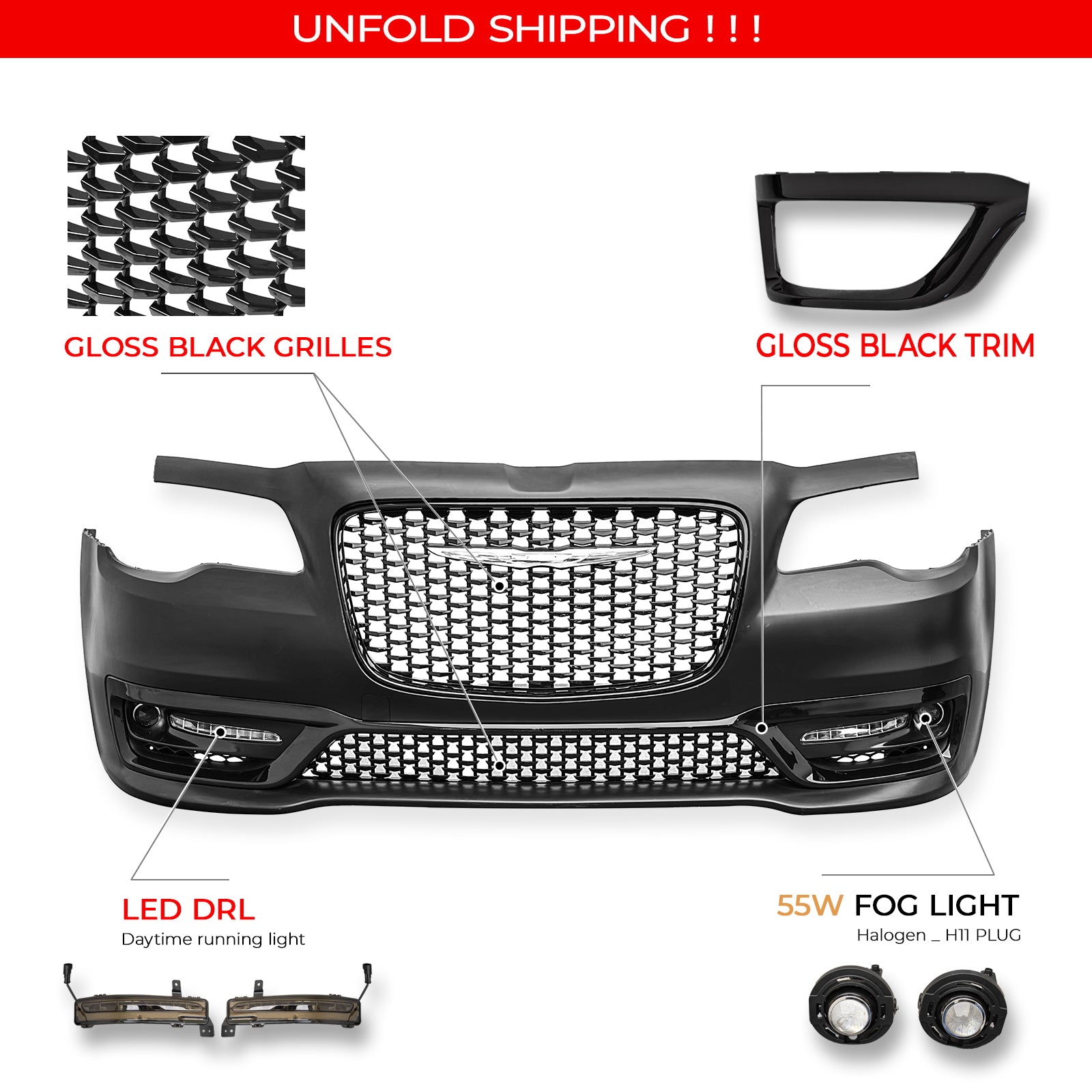 For 15-23 Chrysler 300 Sport Style Front Bumper Cover w/ Fog Lights Gloss Grille