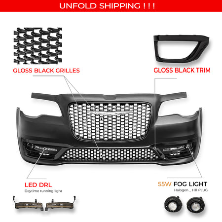 For 15-23 Chrysler 300 Sport Style Front Bumper Cover w/ Fog Lights Gloss Grille