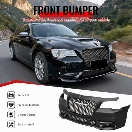 IKON MOTORSPORTS Front Bumper Cover, Compatible with 2015-2023 Chrysler 300, Sport Style Unpainted Black PP Replacement Bumper Conversion Bodykit with DRL, Fog Light and Gloss Black Upper Lower Grille