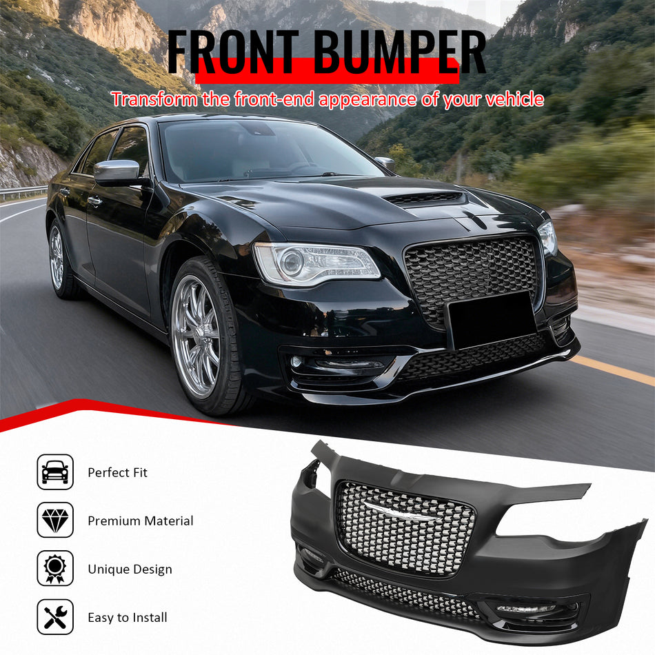 IKON MOTORSPORTS Front Bumper Cover, Compatible with 2015-2023 Chrysler 300, Sport Style Unpainted Black PP Replacement Bumper Conversion Bodykit with DRL, Fog Light and Gloss Black Upper Lower Grille