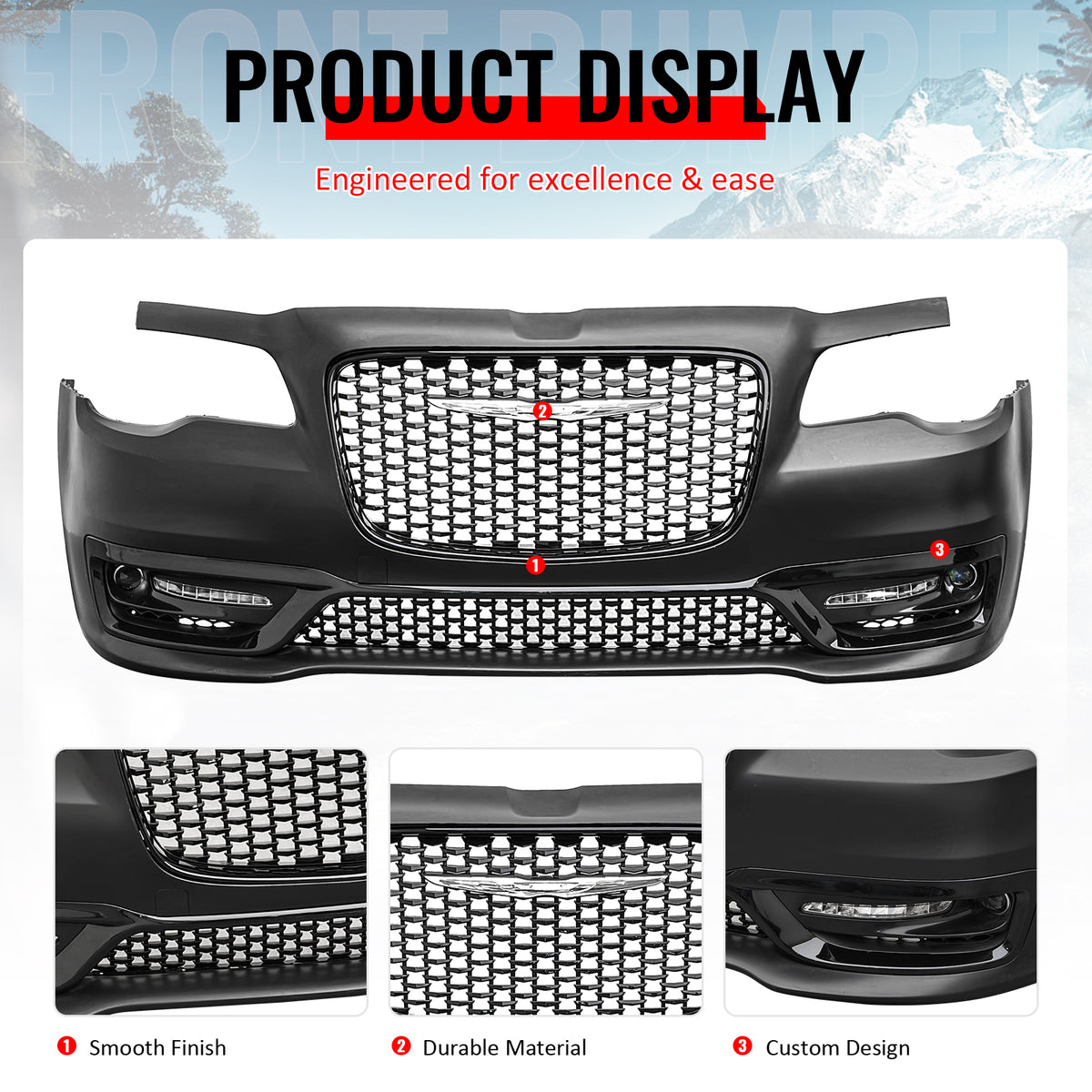 For 15-23 Chrysler 300 Sport Style Front Bumper Cover w/ Fog Lights Gloss Grille