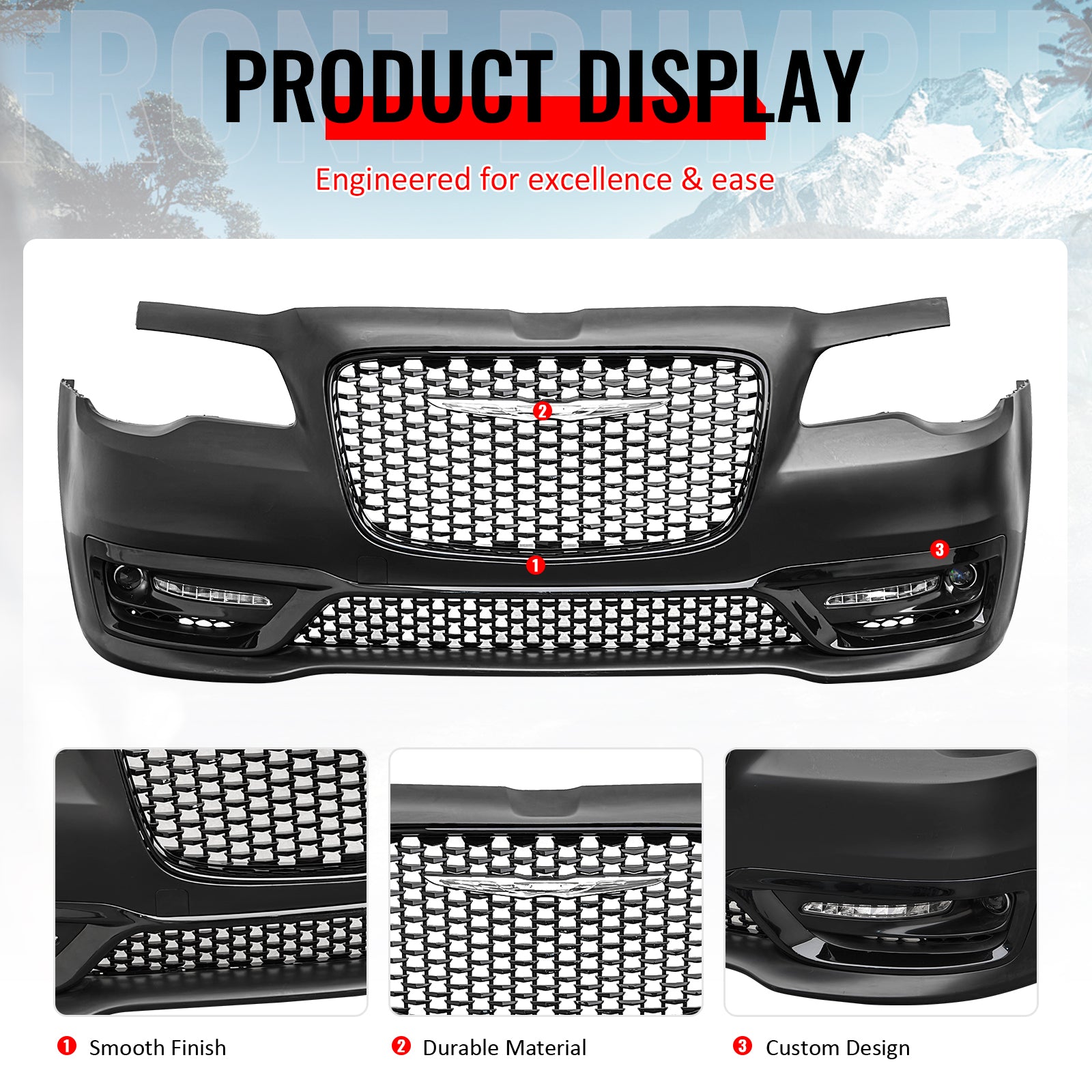 For 15-23 Chrysler 300 Sport Style Front Bumper Cover w/ Fog Lights Gloss Grille