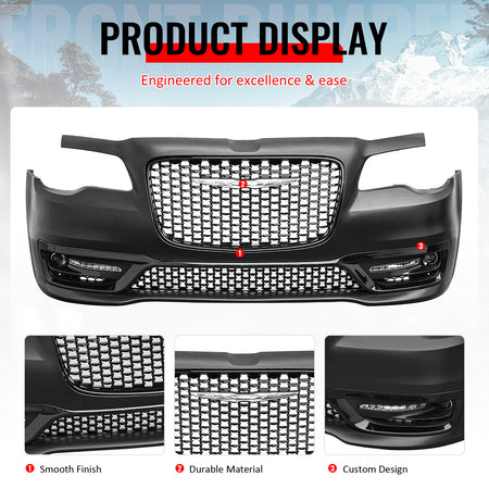 For 15-23 Chrysler 300 Sport Style Front Bumper Cover w/ Fog Lights Gloss Grille