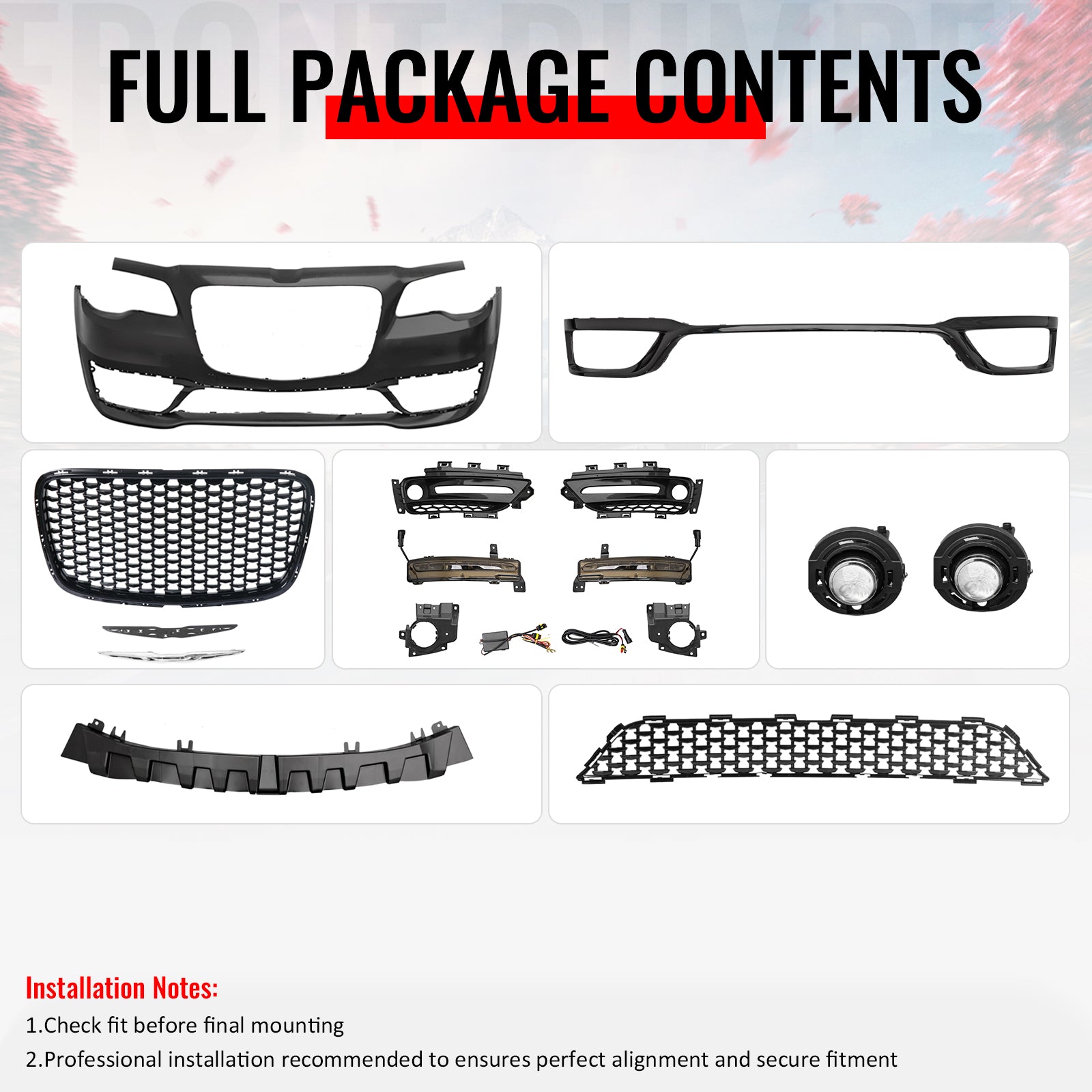 For 15-23 Chrysler 300 Sport Style Front Bumper Cover w/ Fog Lights Gloss Grille