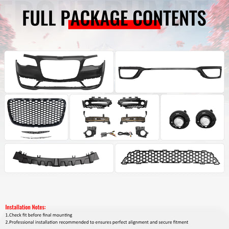 For 15-23 Chrysler 300 Sport Style Front Bumper Cover w/ Fog Lights Gloss Grille