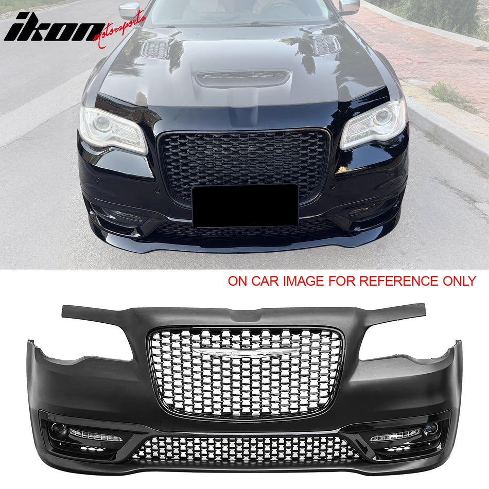 2015-2023 Chrysler 300 Sport Style Front Bumper Cover Unpainted Black PP Replacement Conversion with DRL, Fog Light and Gloss Black Upper Lower Grille