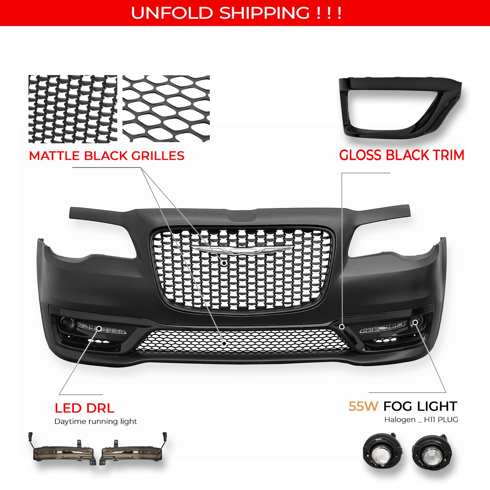Fits 15-23 Chrysler 300 300S Style Front Bumper Cover w/ Fog Lights Matte Grille