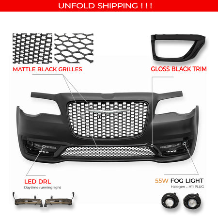 Fits 15-23 Chrysler 300 300S Style Front Bumper Cover w/ Fog Lights Matte Grille