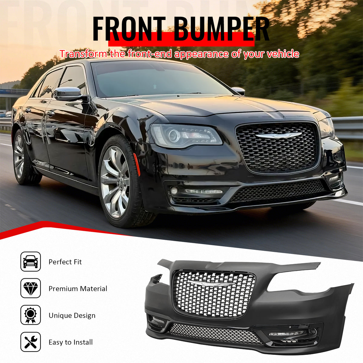 IKON MOTORSPORTS Front Bumper Cover, Compatible with 2015-2023 Chrysler 300, 300S Style Unpainted Black PP Replacement Bumper Conversion Bodykit with DRL, Fog Lights and Matte Black Upper Lower Grille