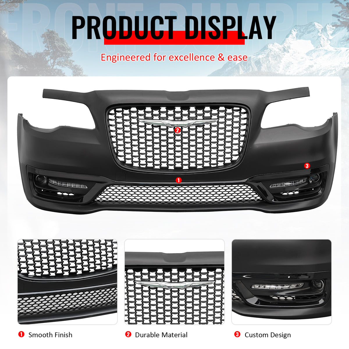 Fits 15-23 Chrysler 300 300S Style Front Bumper Cover w/ Fog Lights Matte Grille