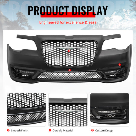 Fits 15-23 Chrysler 300 300S Style Front Bumper Cover w/ Fog Lights Matte Grille