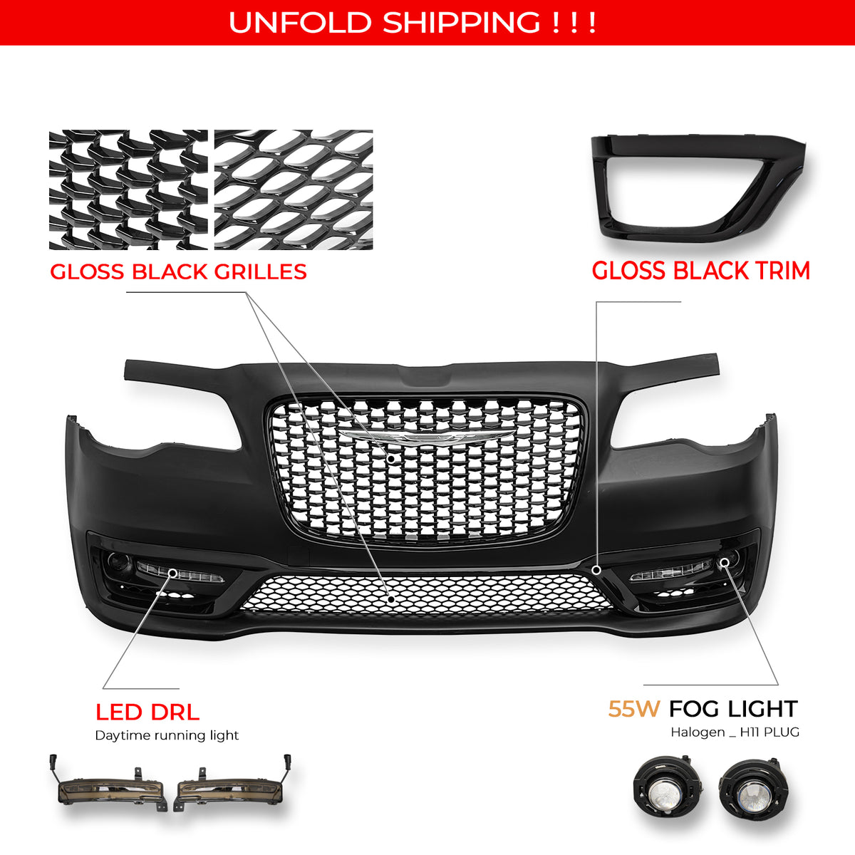 Fits 15-23 Chrysler 300 300S Style Front Bumper Cover w/ Fog Lights Gloss Grille