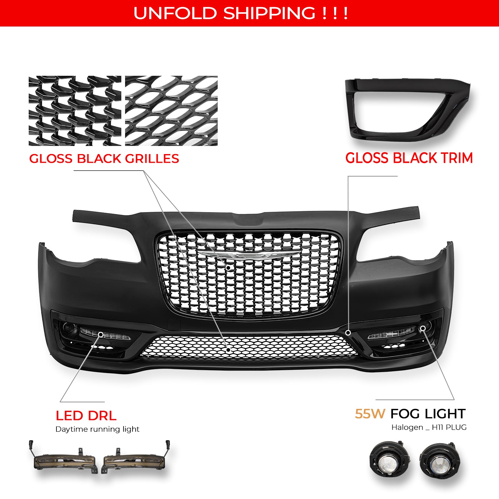 Fits 15-23 Chrysler 300 300S Style Front Bumper Cover w/ Fog Lights Gloss Grille