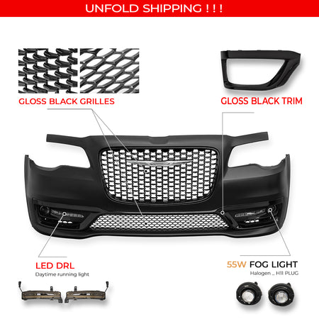 Fits 15-23 Chrysler 300 300S Style Front Bumper Cover w/ Fog Lights Gloss Grille