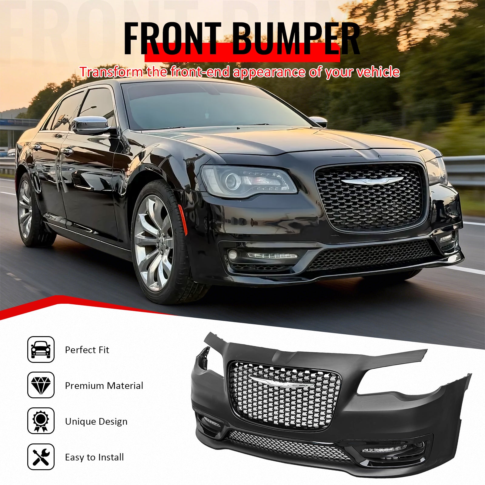 IKON MOTORSPORTS Front Bumper Cover, Compatible with 2015-2023 Chrysler 300, 300S Style Unpainted Black PP Replacement Bumper Conversion Bodykit with DRL, Fog Lights and Gloss Black Upper Lower Grille