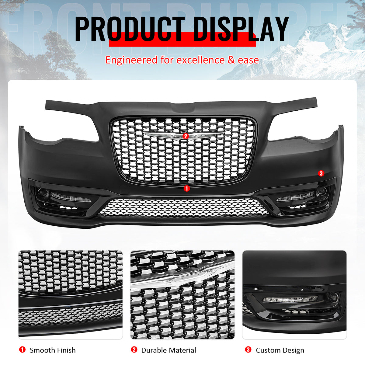 Fits 15-23 Chrysler 300 300S Style Front Bumper Cover w/ Fog Lights Gloss Grille