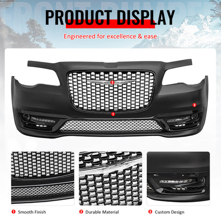 Fits 15-23 Chrysler 300 300S Style Front Bumper Cover w/ Fog Lights Gloss Grille