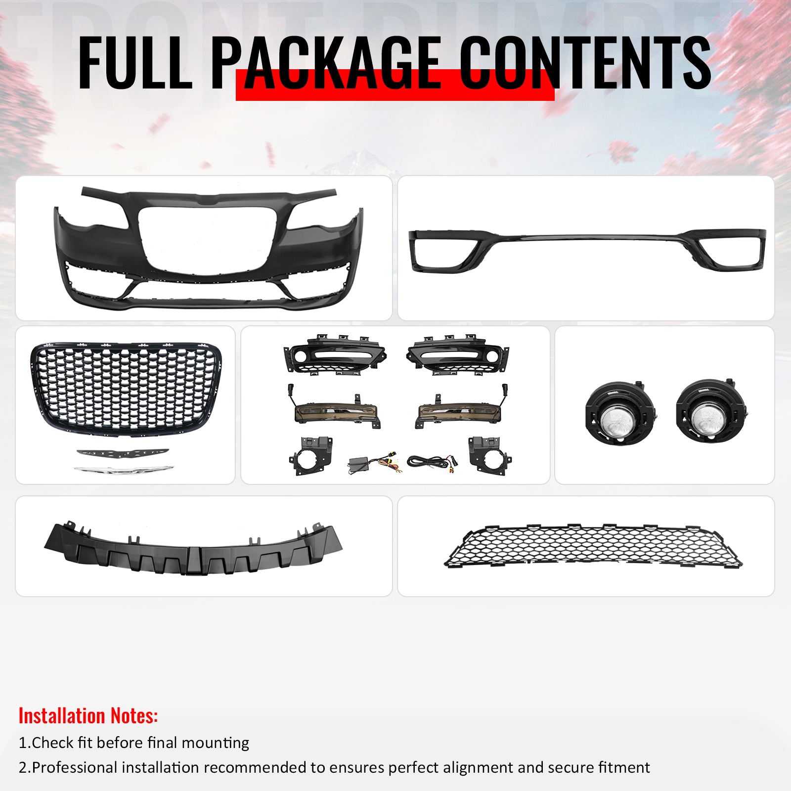 Fits 15-23 Chrysler 300 300S Style Front Bumper Cover w/ Fog Lights Gloss Grille