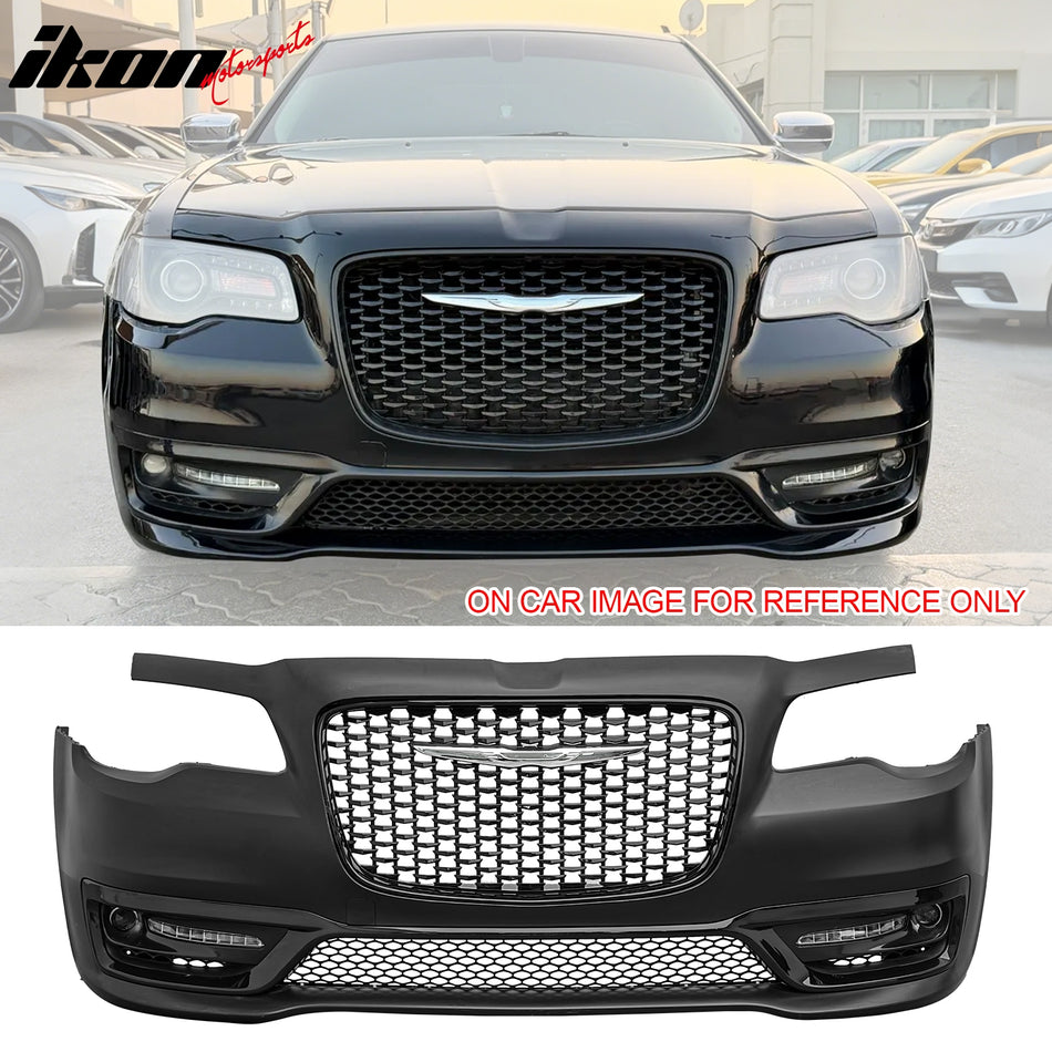 2015-2023 Chrysler 300 300S Style Front Bumper Cover Unpainted Black PP Replacement Conversion with DRL, Fog Lights and Gloss Black Upper Lower Grille