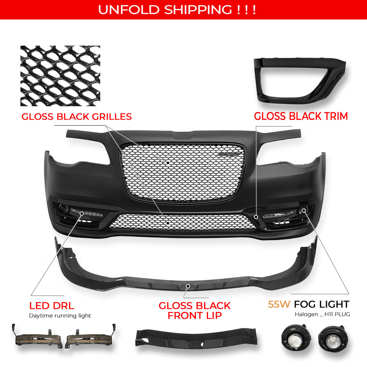 Fits 15-23 Chrysler 300 SRT Style Front Bumper Cover Fog Lights Gloss Grille/Lip