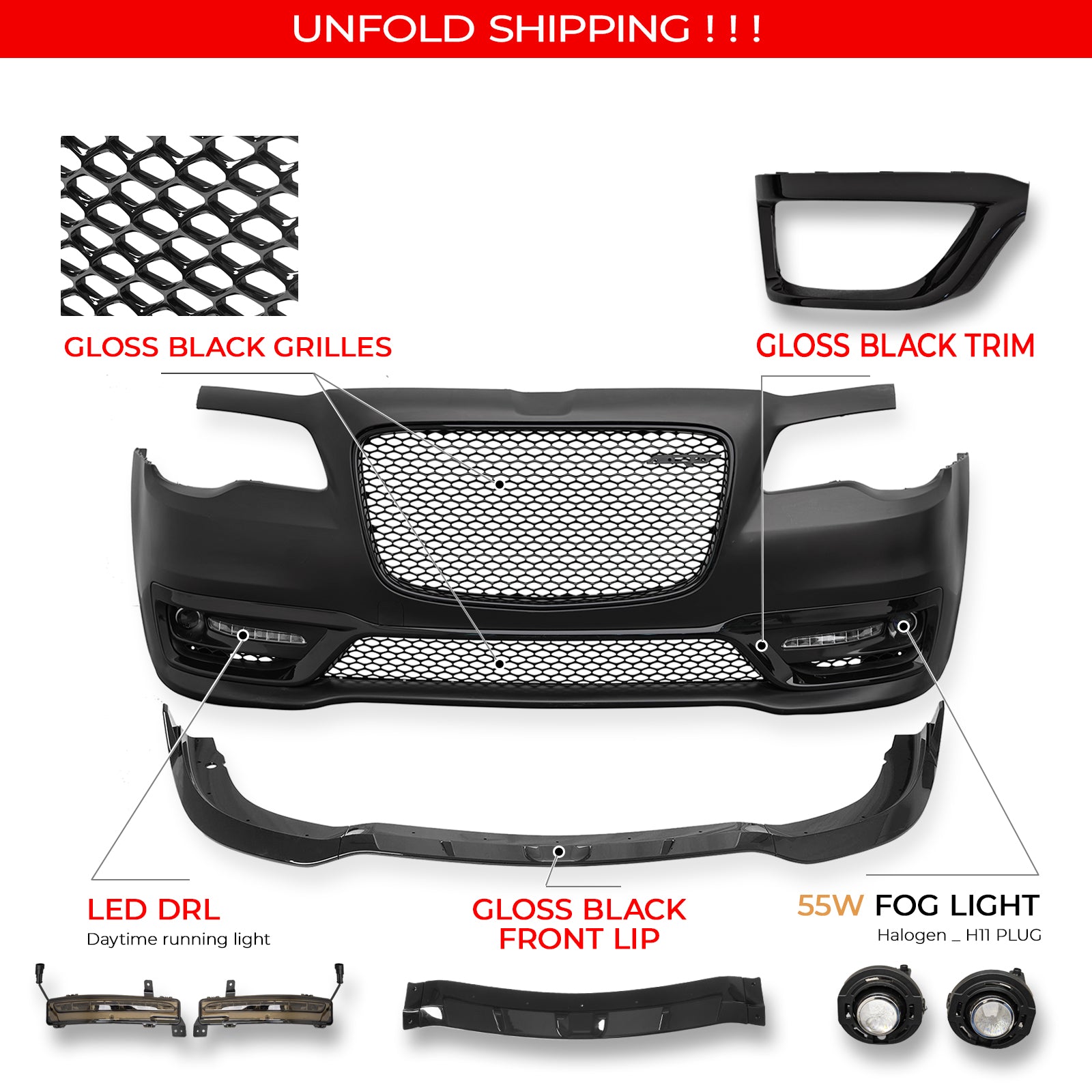 Fits 15-23 Chrysler 300 SRT Style Front Bumper Cover Fog Lights Gloss Grille/Lip