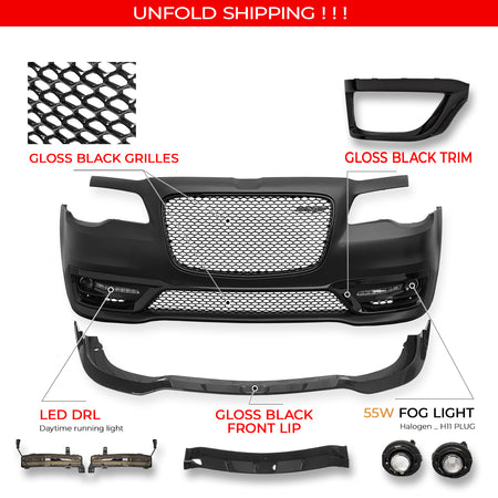 Fits 15-23 Chrysler 300 SRT Style Front Bumper Cover Fog Lights Gloss Grille/Lip