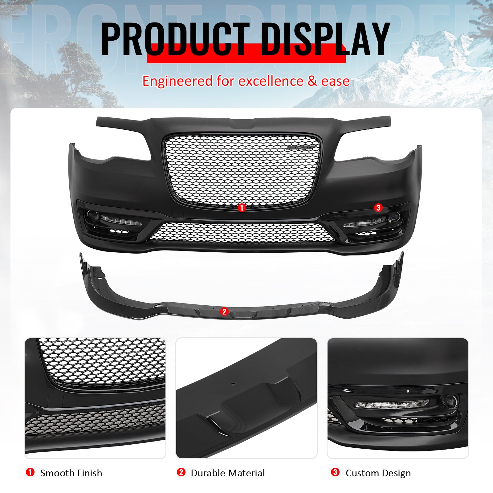 Fits 15-23 Chrysler 300 SRT Style Front Bumper Cover Fog Lights Gloss Grille/Lip