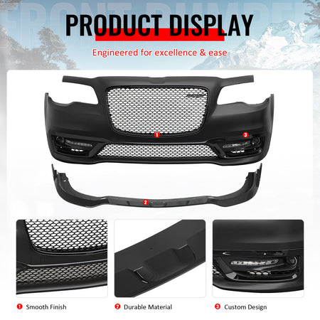 Fits 15-23 Chrysler 300 SRT Style Front Bumper Cover Fog Lights Gloss Grille/Lip