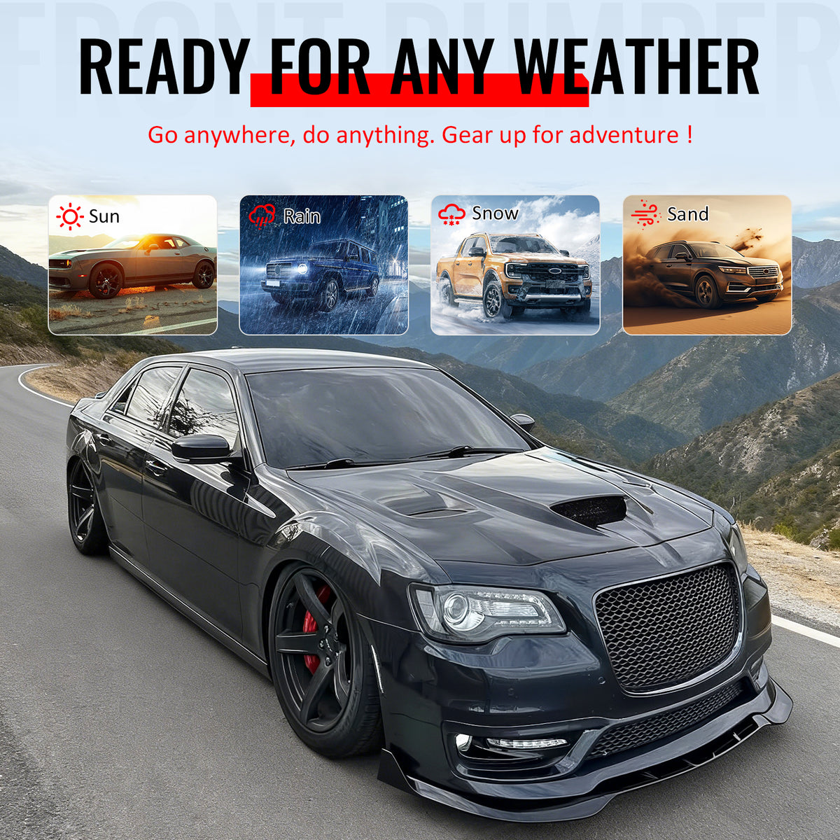 Fits 15-23 Chrysler 300 SRT Style Front Bumper Cover Fog Lights Gloss Grille/Lip