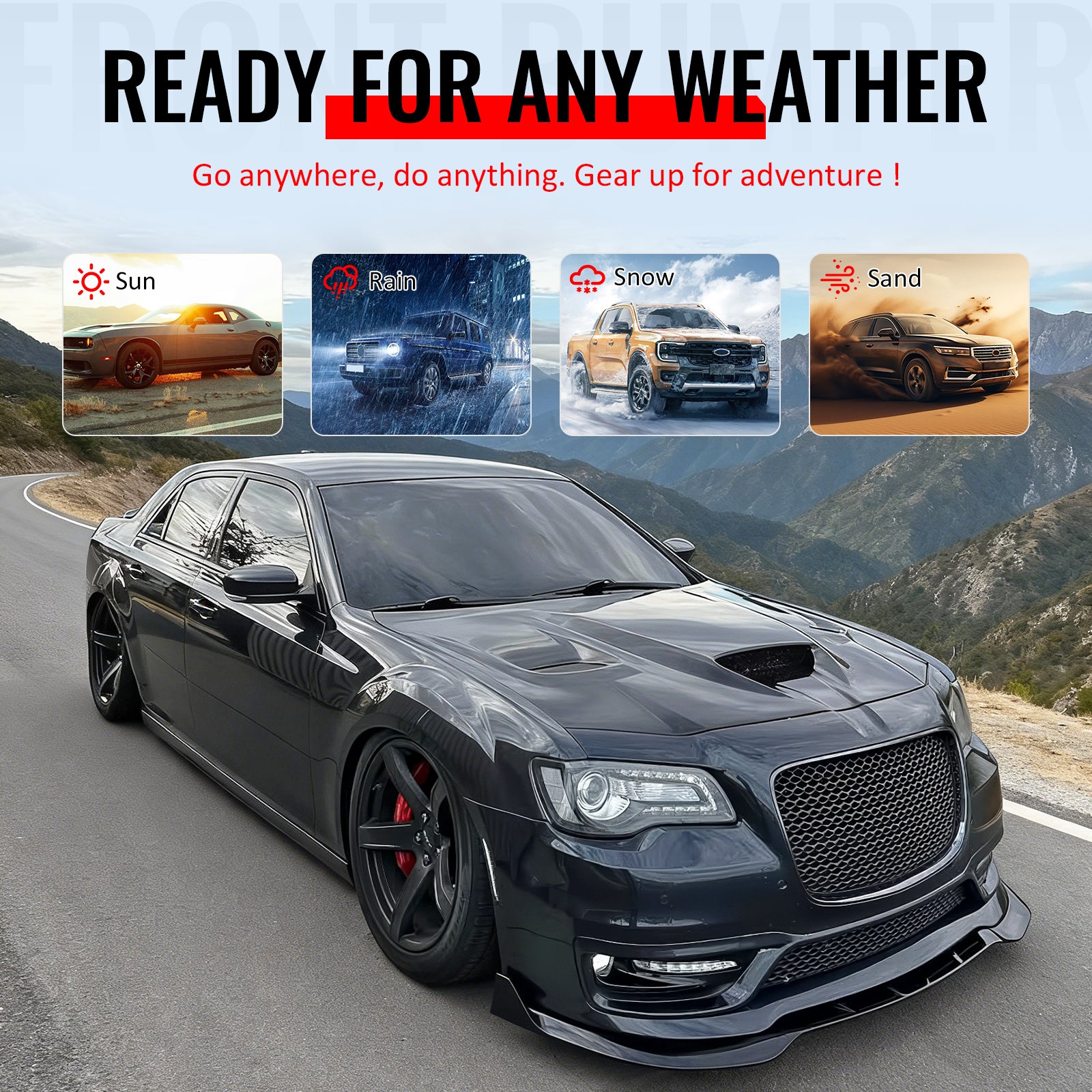 Fits 15-23 Chrysler 300 SRT Style Front Bumper Cover Fog Lights Gloss Grille/Lip