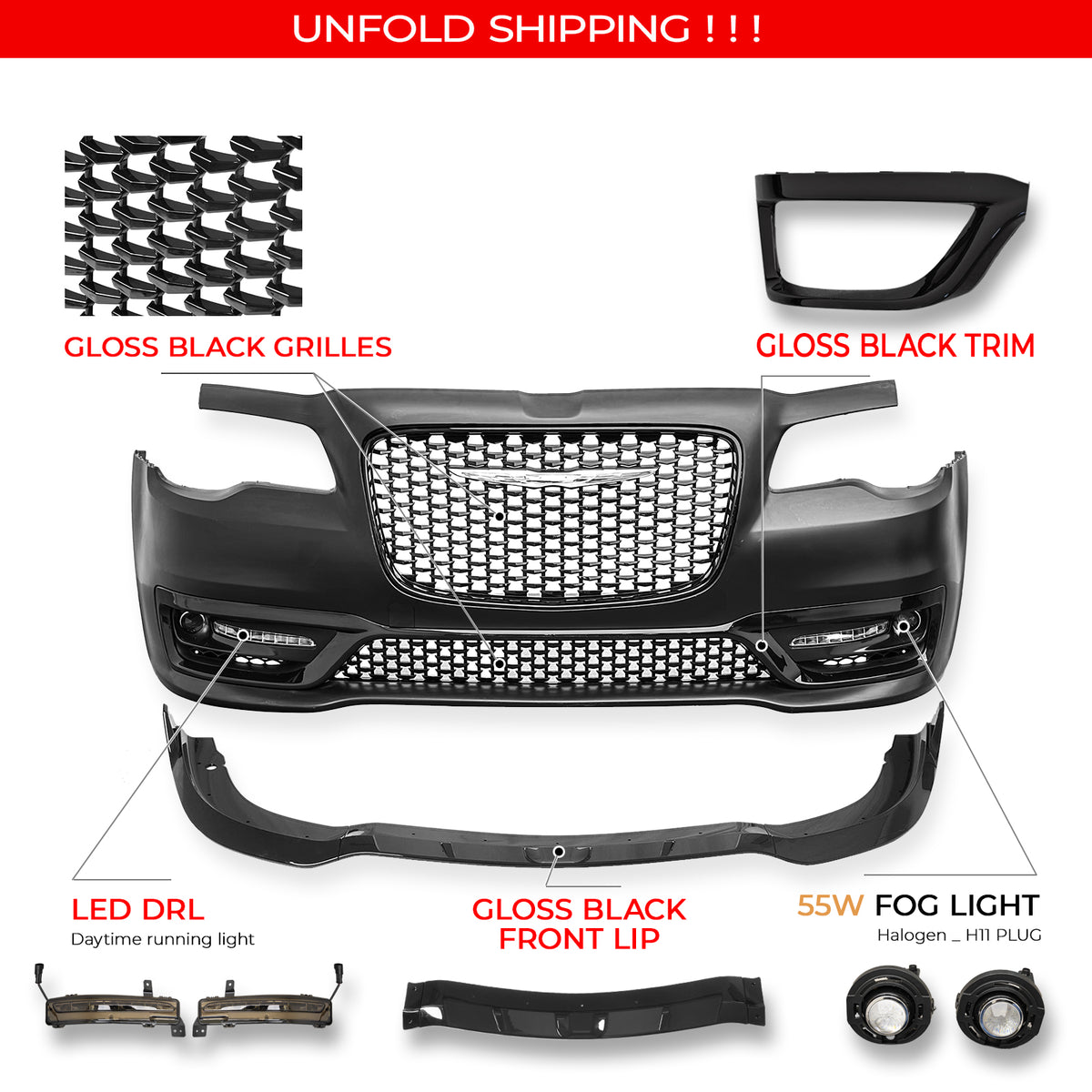 For 15-23 Chrysler 300 Sport Style Front Bumper Cover Fog Light Gloss Grille/Lip