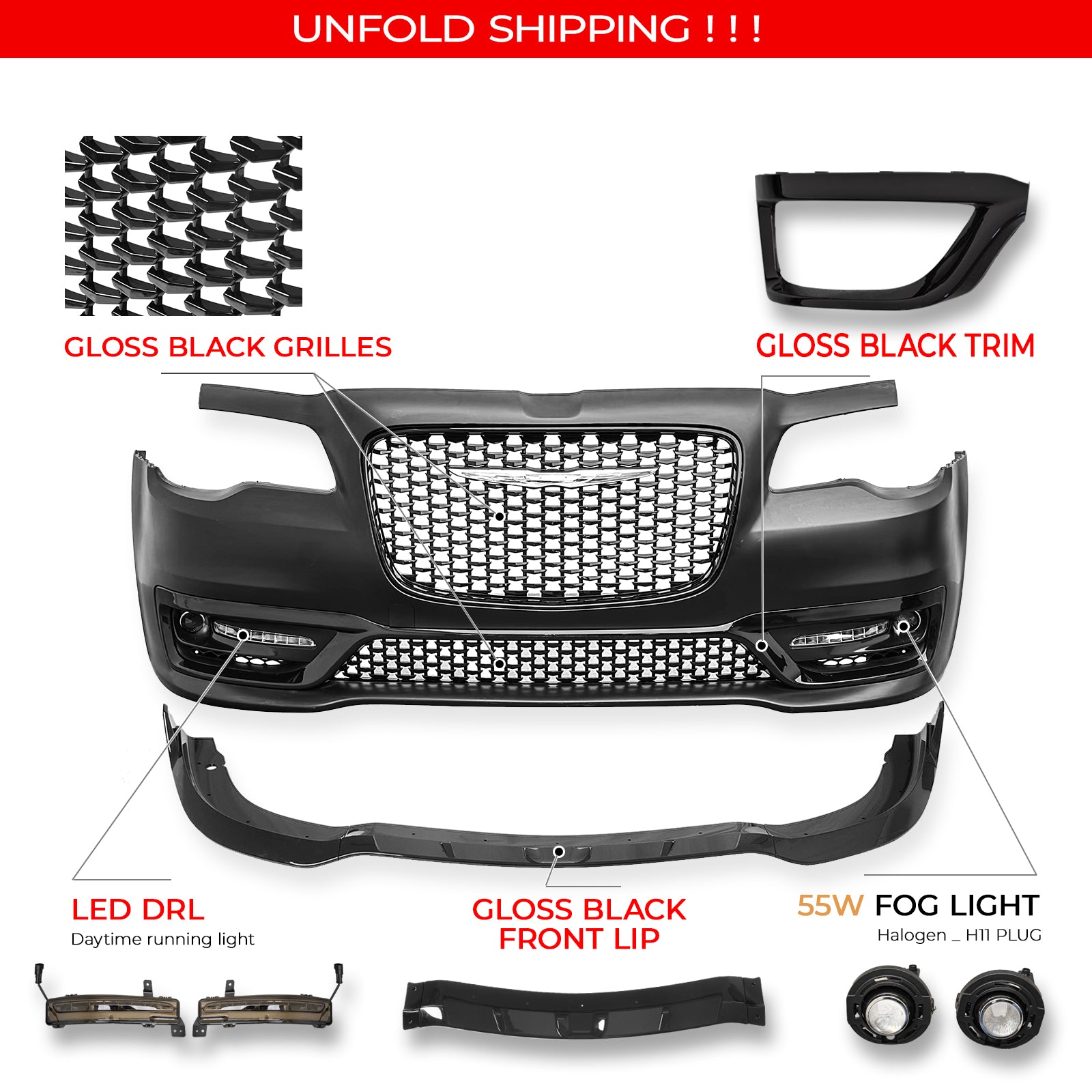For 15-23 Chrysler 300 Sport Style Front Bumper Cover Fog Light Gloss Grille/Lip