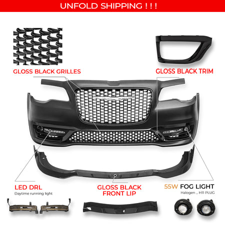For 15-23 Chrysler 300 Sport Style Front Bumper Cover Fog Light Gloss Grille/Lip