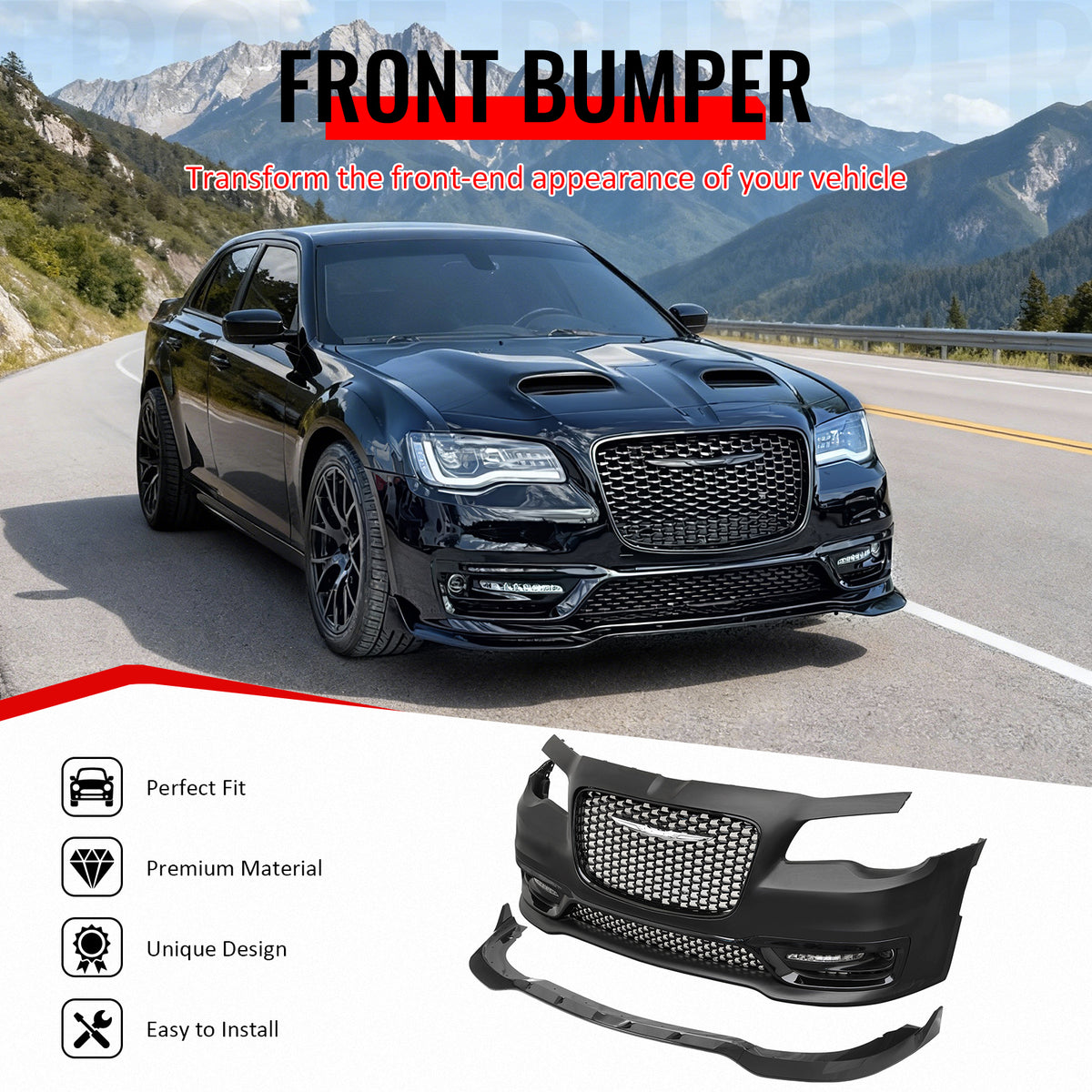 IKON MOTORSPORTS Front Bumper Cover, Compatible with 2015-2023 Chrysler 300, Sport Style Unpainted Black PP Replacement Conversion Bodykit with DRL, Fog Lights, Gloss Black Upper/Lower Grille and Lip