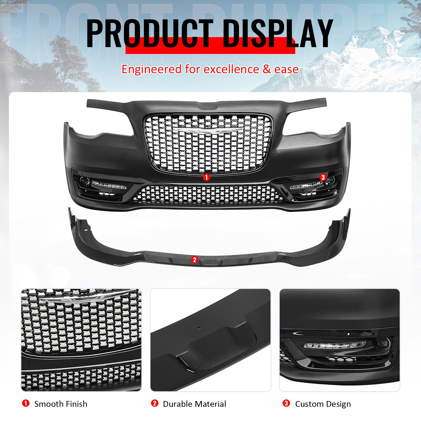 For 15-23 Chrysler 300 Sport Style Front Bumper Cover Fog Light Gloss Grille/Lip