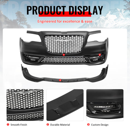 For 15-23 Chrysler 300 Sport Style Front Bumper Cover Fog Light Gloss Grille/Lip