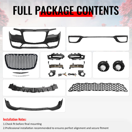 For 15-23 Chrysler 300 Sport Style Front Bumper Cover Fog Light Gloss Grille/Lip