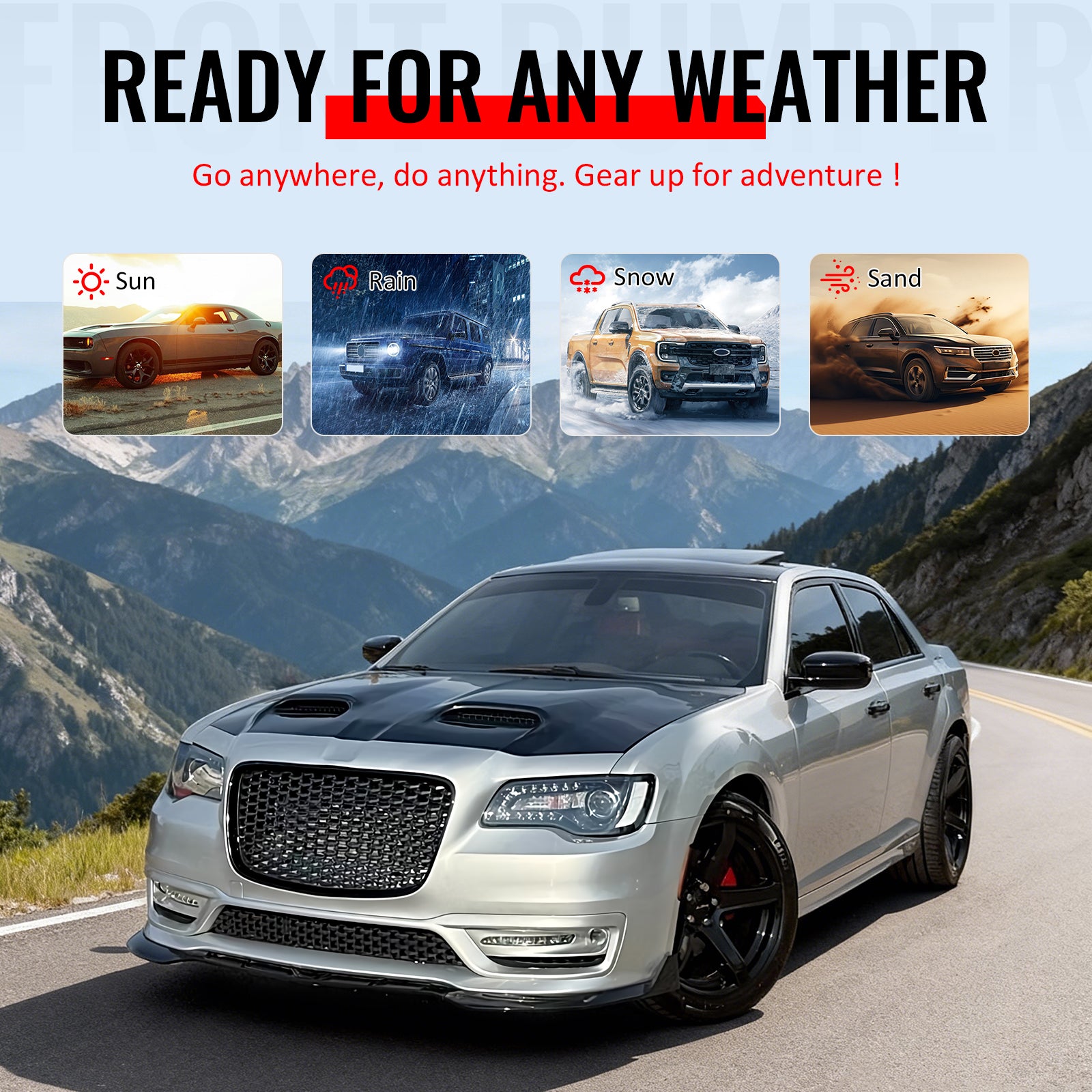 For 15-23 Chrysler 300 Sport Style Front Bumper Cover Fog Light Gloss Grille/Lip