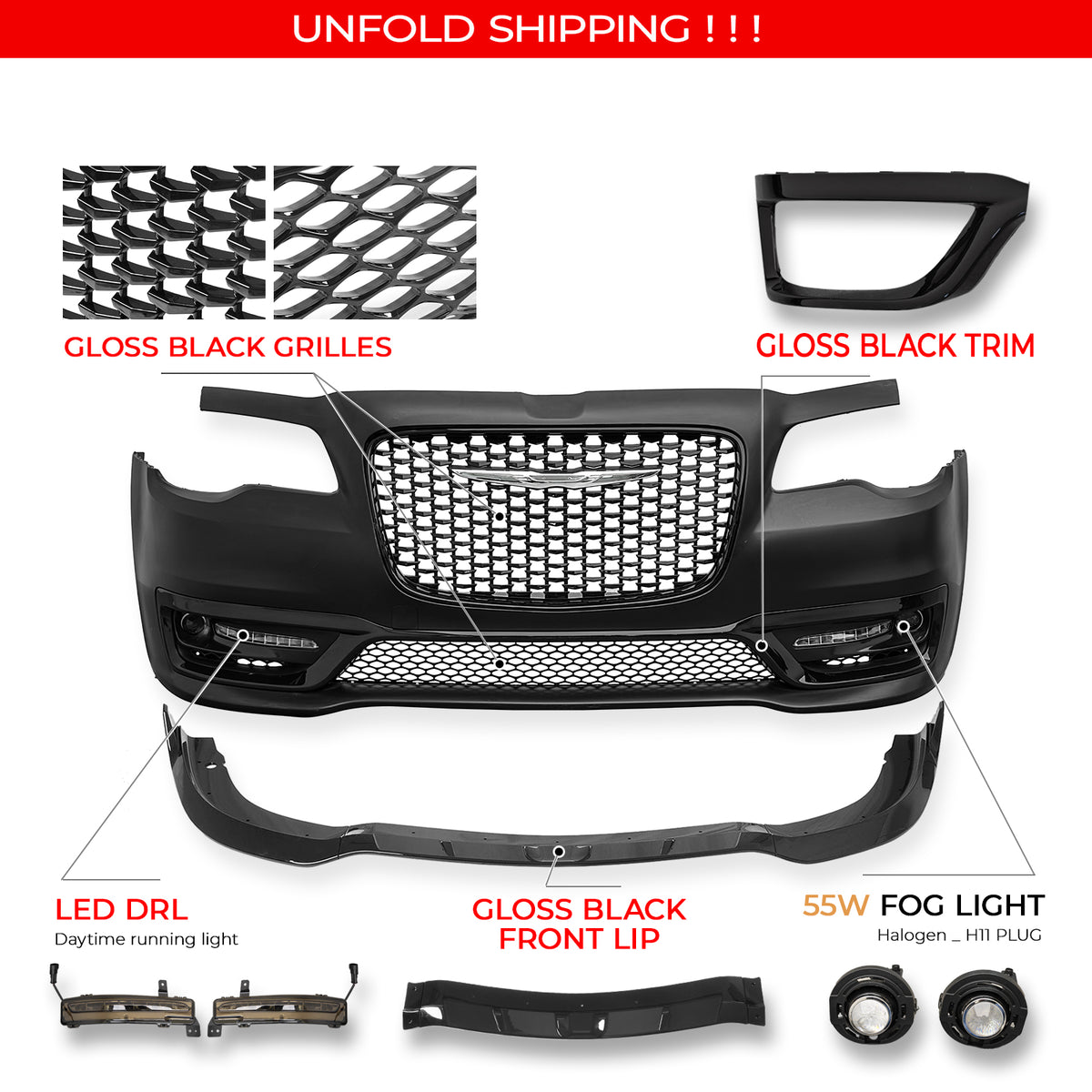 For 15-23 Chrysler 300 300S Style Front Bumper Cover Fog Lights Gloss Grille/Lip