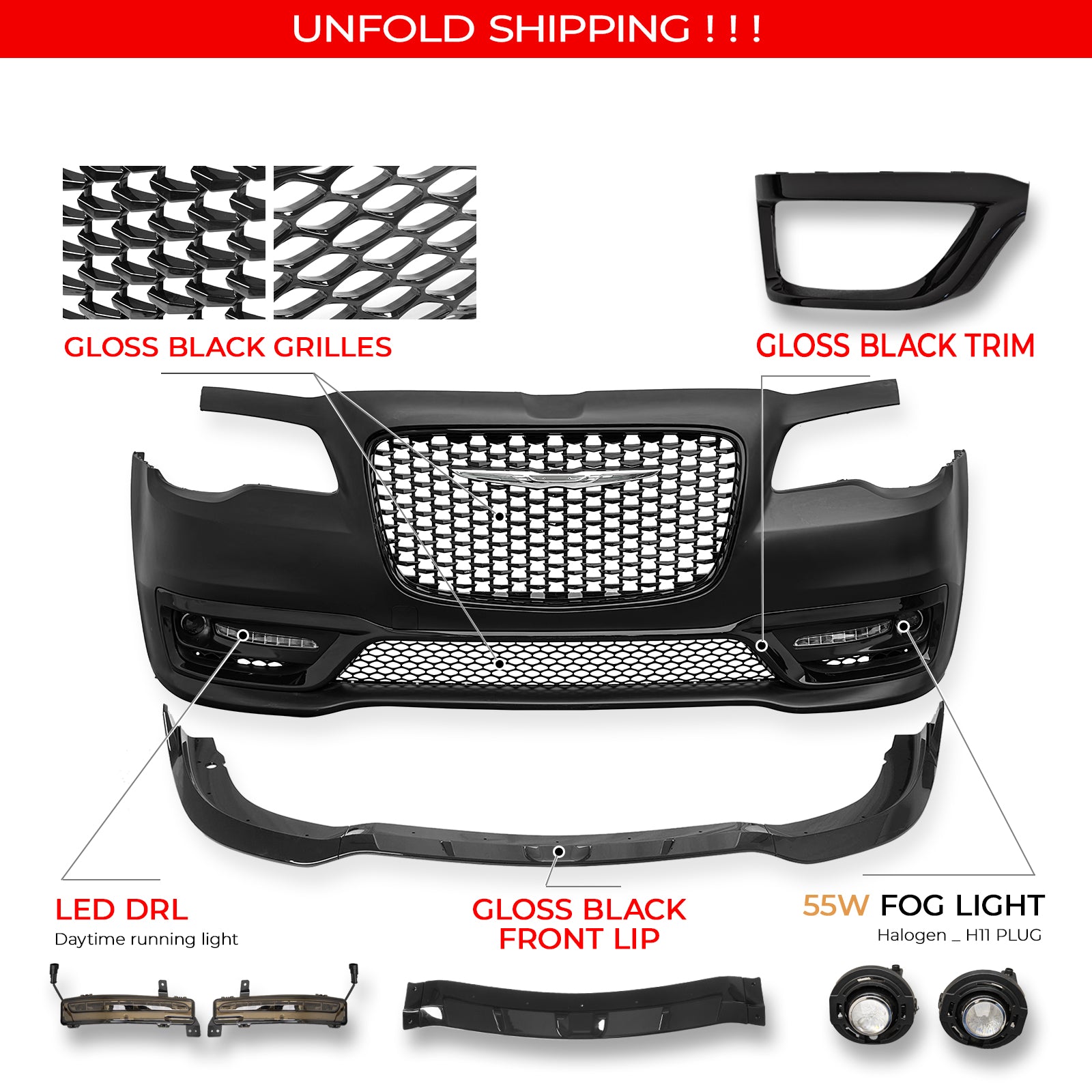 For 15-23 Chrysler 300 300S Style Front Bumper Cover Fog Lights Gloss Grille/Lip