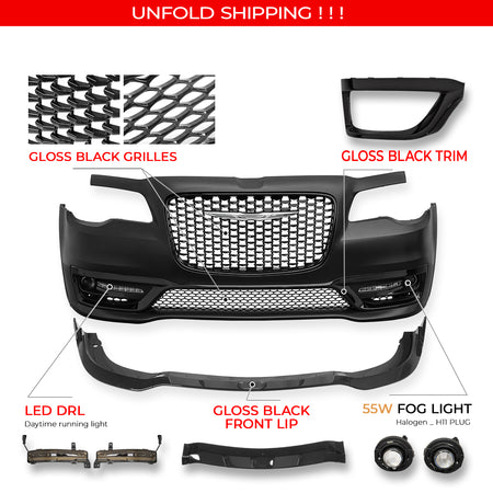 For 15-23 Chrysler 300 300S Style Front Bumper Cover Fog Lights Gloss Grille/Lip