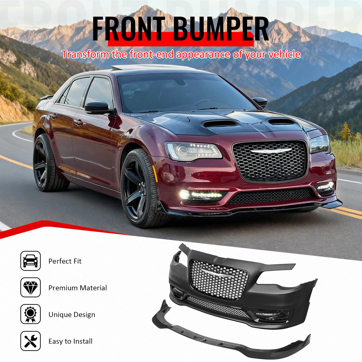 IKON MOTORSPORTS Front Bumper Cover, Compatible with 2015-2023 Chrysler 300, 300S Style Unpainted Black PP Replacement Conversion Bodykit with DRL, Fog Lights, Gloss Black Upper/Lower Grille and Lip