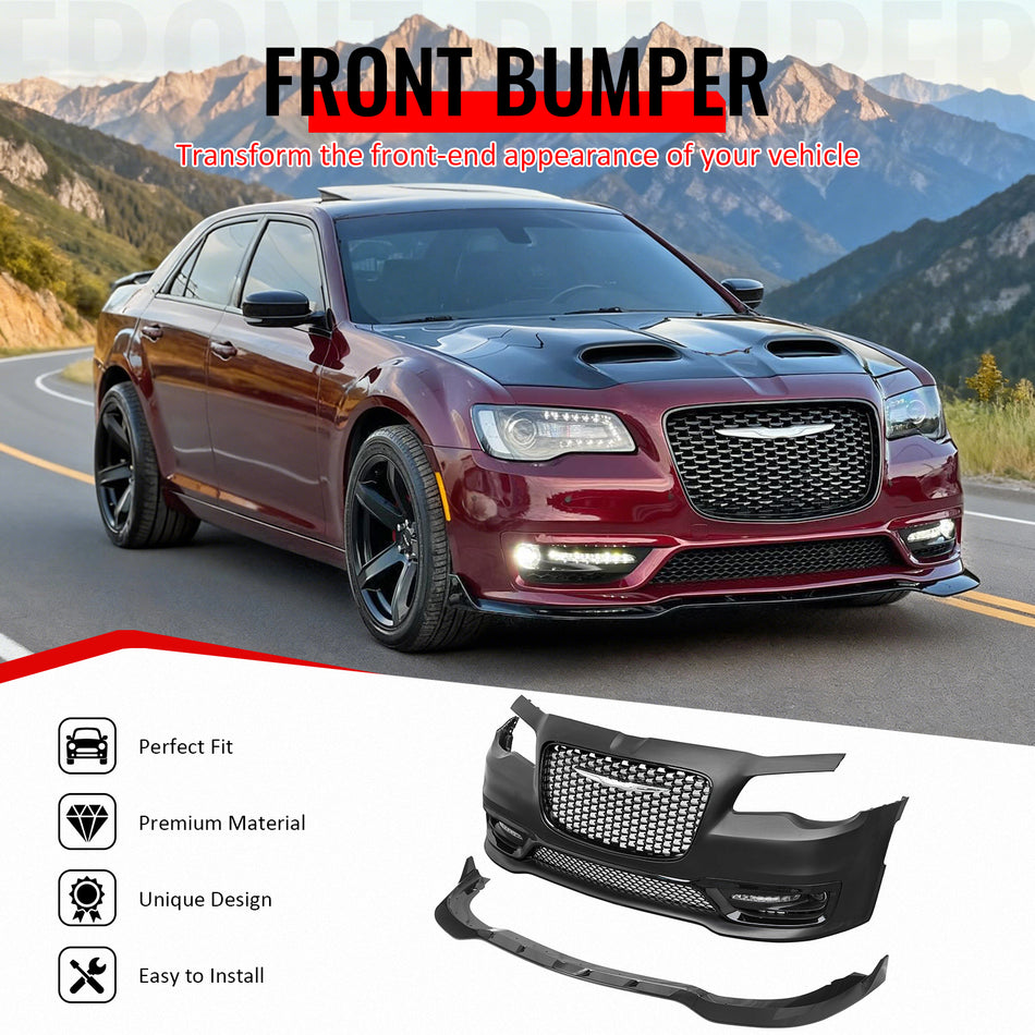 IKON MOTORSPORTS Front Bumper Cover, Compatible with 2015-2023 Chrysler 300, 300S Style Unpainted Black PP Replacement Conversion Bodykit with DRL, Fog Lights, Gloss Black Upper/Lower Grille and Lip