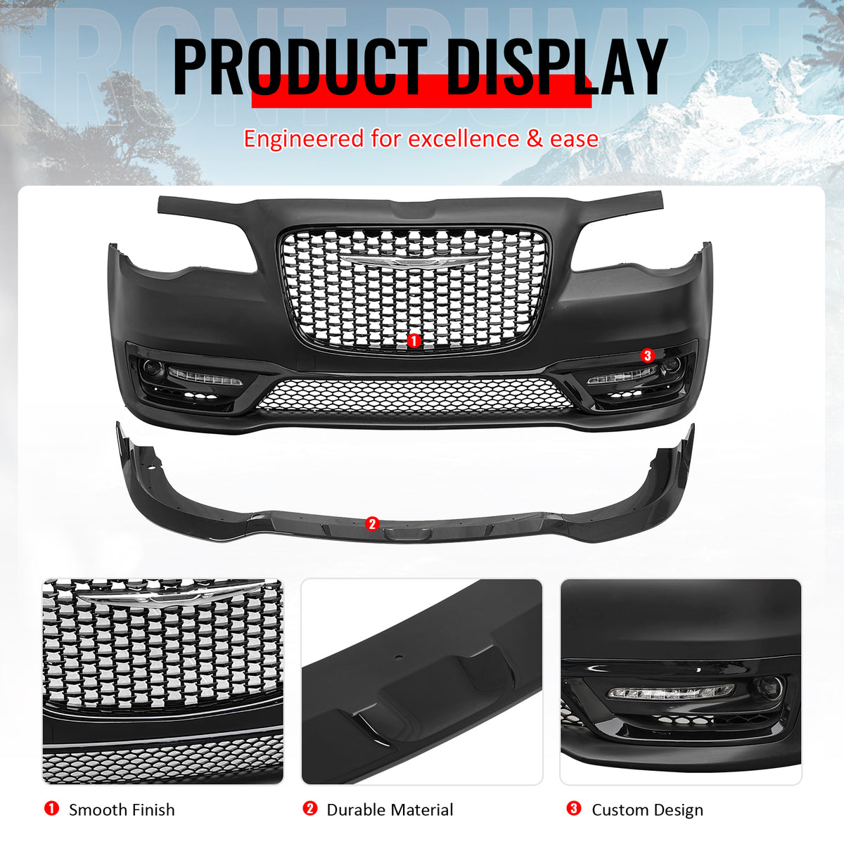For 15-23 Chrysler 300 300S Style Front Bumper Cover Fog Lights Gloss Grille/Lip